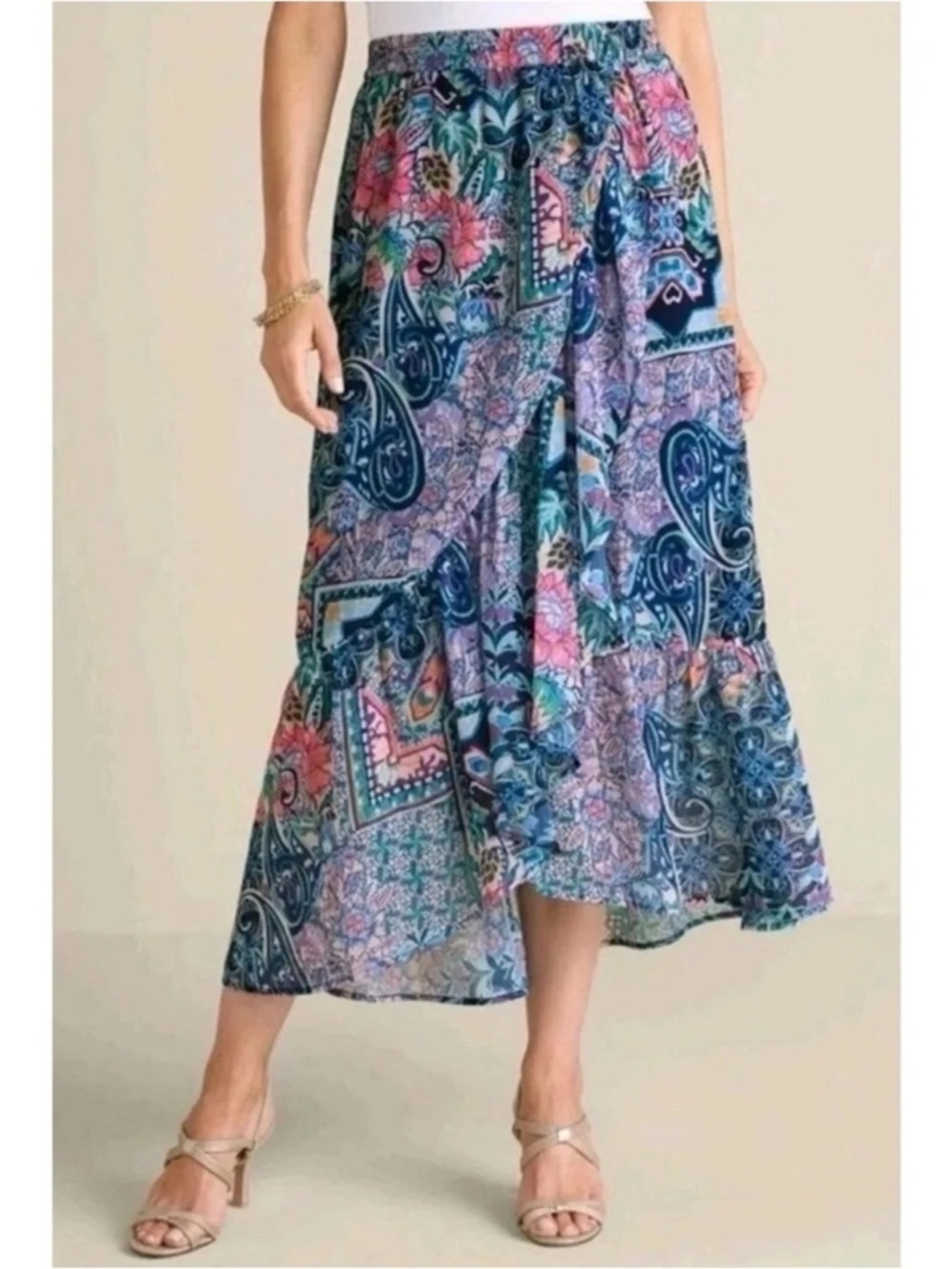 Soft Surroundings Paisley Printed Ruffle Midi Maxi Skirt Size Large